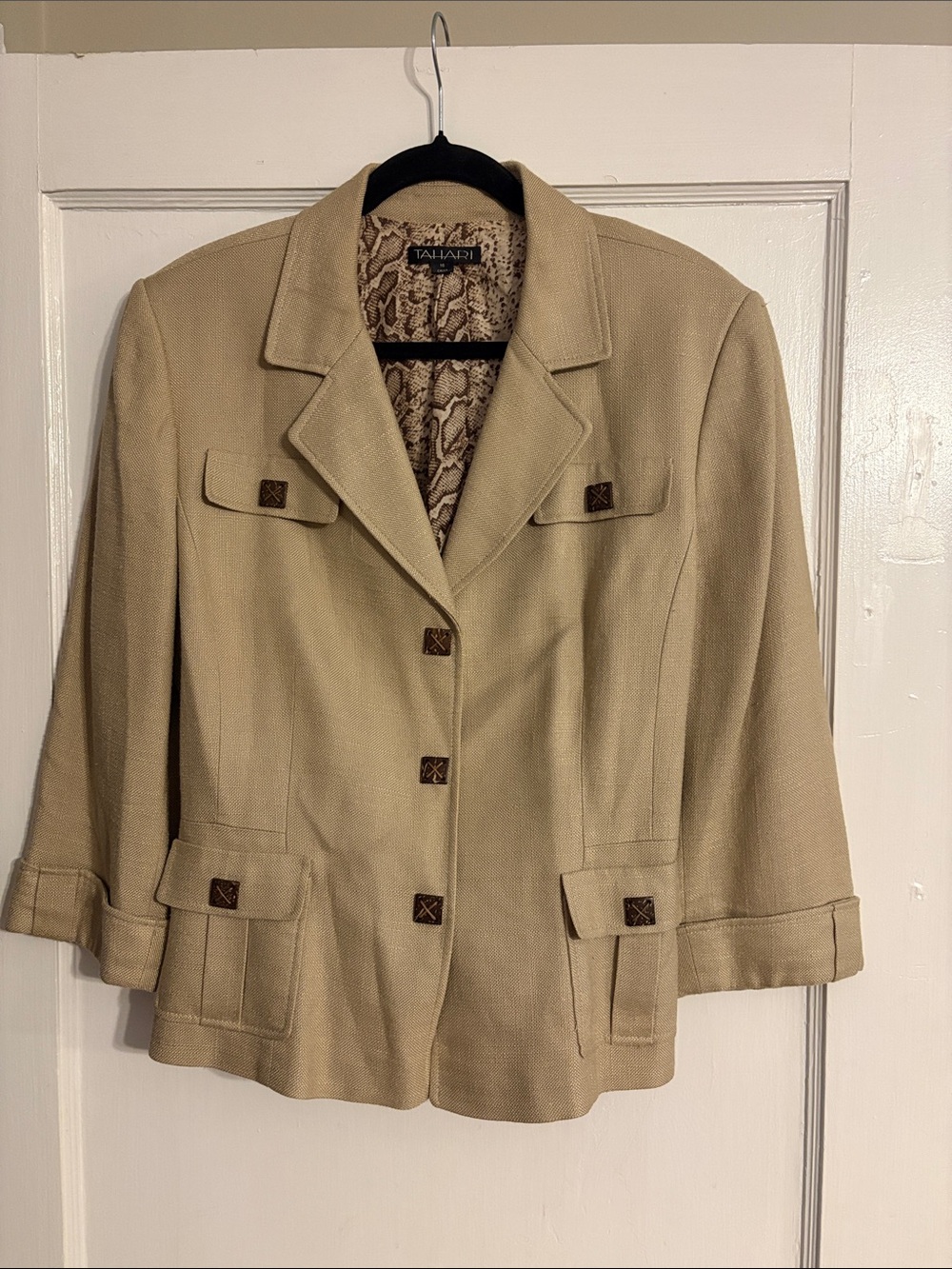Tahari Beige-Tan Notch Collar Blazer with Decorative Buttons